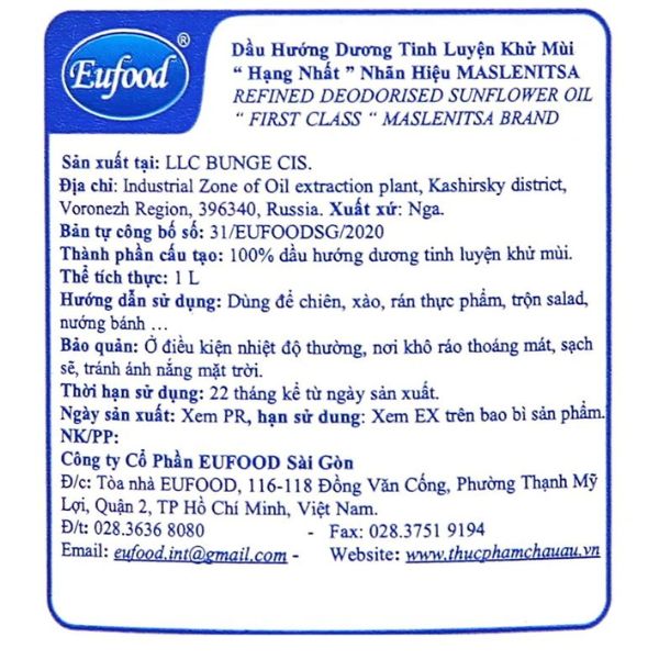 Dầu Hướng Dương Tinh Luyện Khử Mùi Hạng Nhất Maslenitsa - Ảnh 2